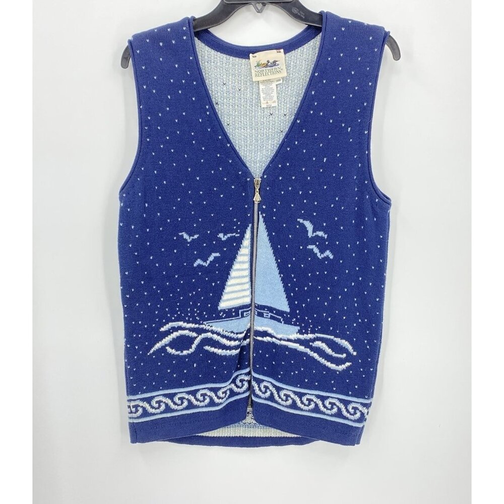 Northern Reflections Sweater Vest Blue Sailboat Beach Coastal Full Zip Womens M